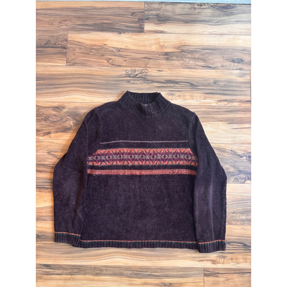 Croft & Barrow Mens Brown Chenille Mock Neck Southwestern Fair Isle Sweater S